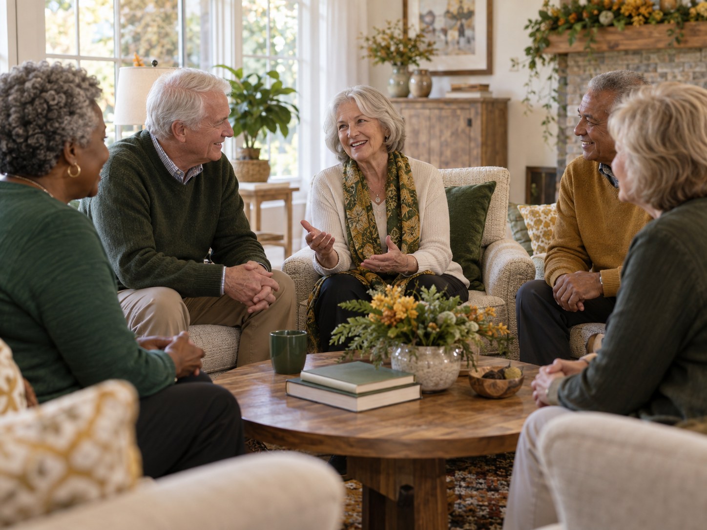 Older adults sharing conversation in a welcoming community living room